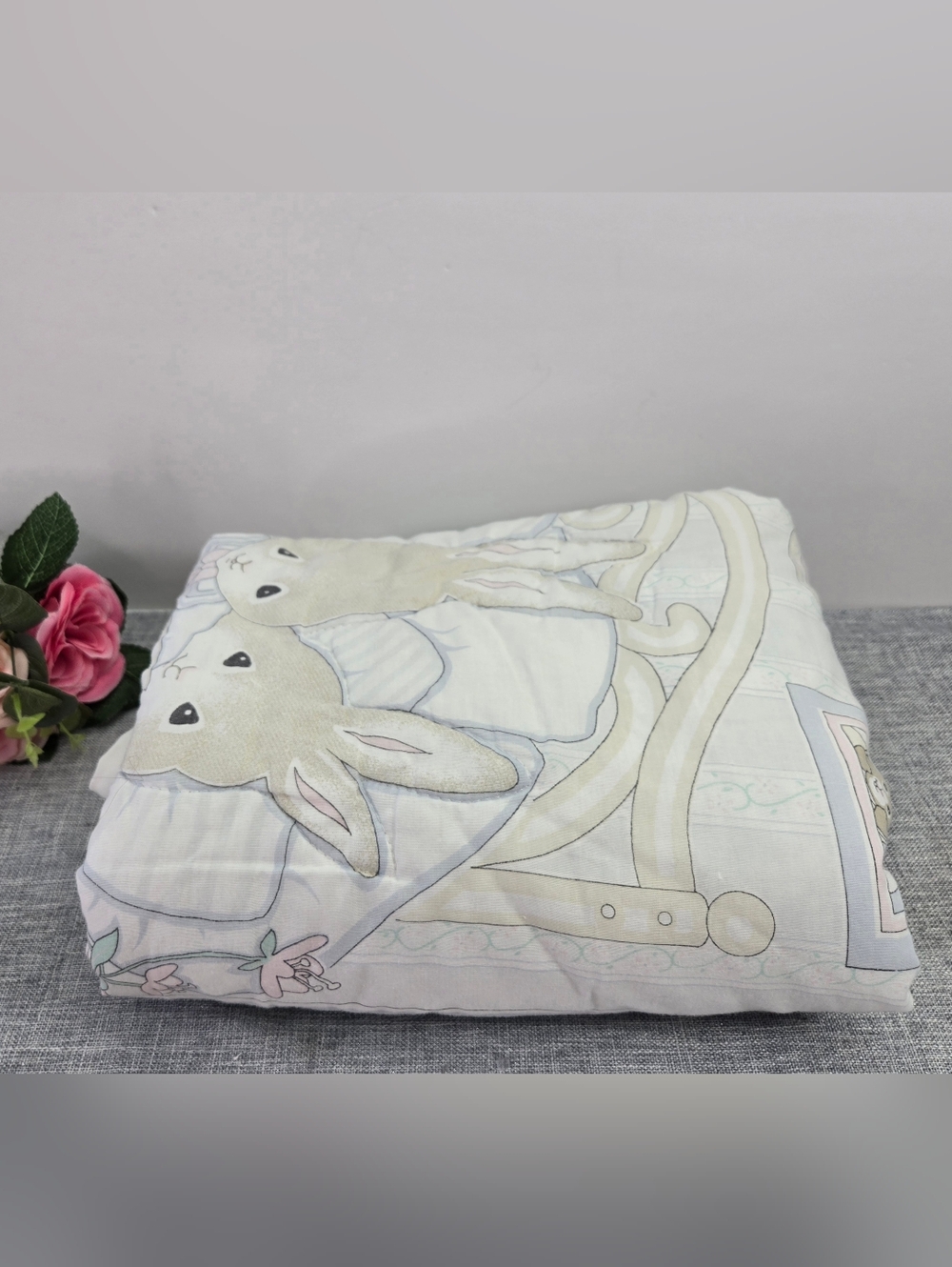 Vintage 1980’s Handmade Baby Blanket With Bunnies White Green